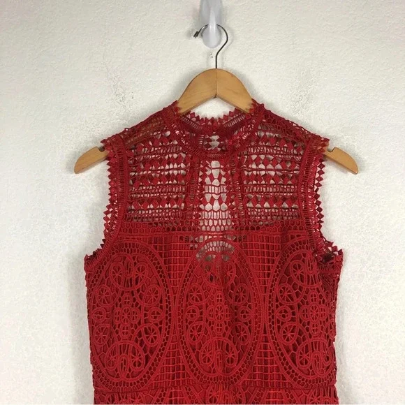 Lovers + Friends Lace Blush Red Crochet Open Back Cocktail Midi Dress Medium - Picture 4 of 15